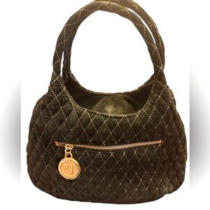 Eric Javits handbag quilted black suede with gold accents.
